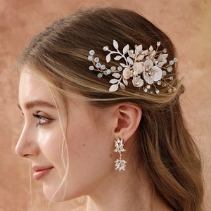 Peigne à Cheveux en Alliage Fait Main avec Fleurs Künstliche Perles d'Imitation Strass Or Rose Accessoires de Cheveux pour Mariage Fête Femme