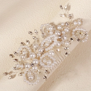 Peigne à cheveux de mariée argenté avec perles blanches et fleurs en cristal brillant