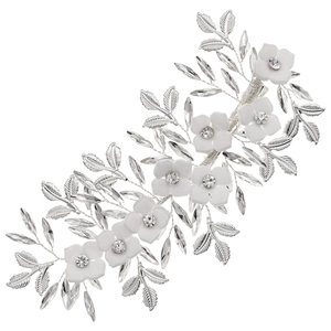 Silver leaf and white flower bridal hair clip with crystal accents for wedding hair
