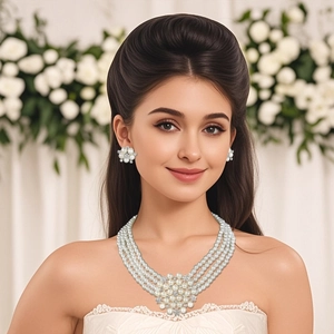 Détail du collier de perles à quatre rangs et boucles d'oreilles pour robe de mariée