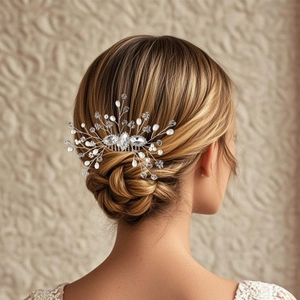 Peigne à cheveux argenté pour mariée avec strass marquise et perles blanches pour mariage