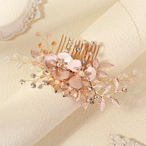Peigne à cheveux de mariée en or rose avec fleurs en métal et strass étincelants