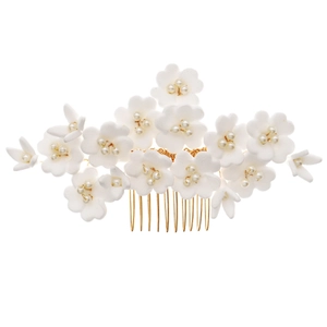 Handmade white clay flower hair comb with pearls and gold metal base for bridal hair