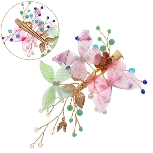 Handmade colorful mesh butterfly bridal hair clip with gold leaves and faux pearls on white base