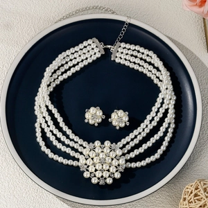Ensemble Bijoux Luxueux En Künstliche Perles Multicouches Avec Collier Et Boucles D'oreilles En Alliage Et Strass Pour Mariage Et Banquet Femme