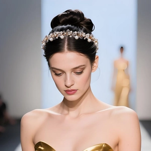 Détail d'un serre-tête en cristal fait main avec perles blanches et fil de fer doré