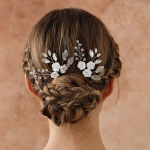Handmade Ceramic Flower Bridal Hair Sticks For Women Elegant White Floral Rhinestone Hair Pins For Wedding Party Hair Jewelry