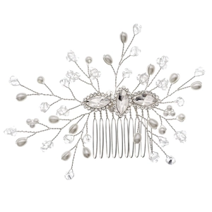 Peigne à cheveux de mariée élégant avec strass marquise et perles blanches sur fil argent