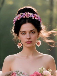 Close-up of a pink acrylic flower headband with pearls and matching floral earrings
