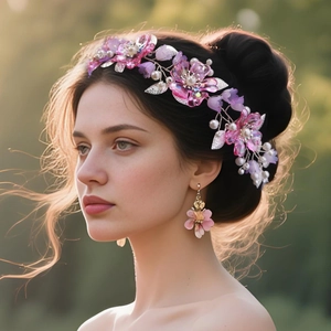 Detail of pink acrylic flower bridal headband with matching earrings in forest setting