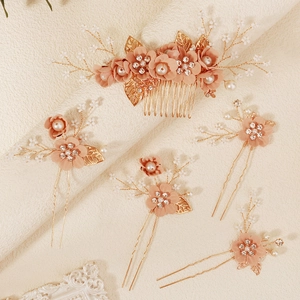 Pink floral hair pin and comb set with gold leaves and pearls for bridal hair styling