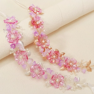 Pink resin flower hair vine with pearls and gold leaves for bridal wedding hairstyles