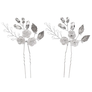 Elegant white ceramic flower hair pins with crystals and silver leaves for bridal styling