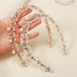 Serre-tête fait main en perles et cristaux avec fil doré pour coiffure de mariée