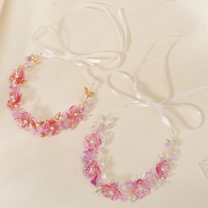 Fairy style pink acrylic flower and pearl headband with white ribbons for bridal hair