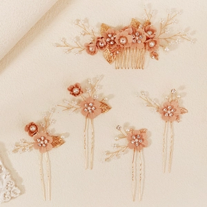 Five-piece bridal hair comb set with peach fabric flowers and golden metal leaves