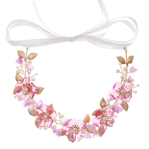 Pink acrylic flower headband with pearls and gold leaves for bridal hair styling