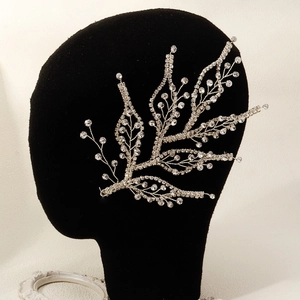 Silver leaf branch bridal headband with rhinestones for weddings and party hair styling