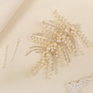 Luxury handmade pearl and rhinestone bridal hair band set with elegant leaf patterns