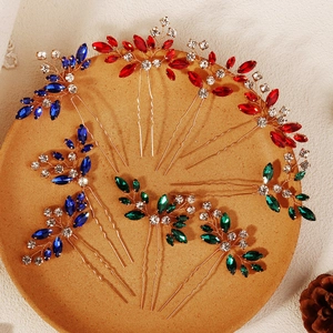 7-piece gold floral hair pin set with colorful marquise rhinestones for bridal hairstyles