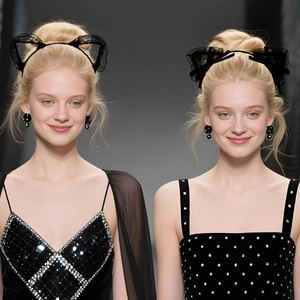 Detail of lace cat ear headbands with ribbons on models for costume parties