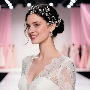 Close-up of sparkling bridal headband with floral rhinestones and matching teardrop earrings