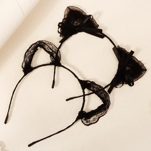 Handmade black lace cat ear headband set with satin bows for elegant hair styling