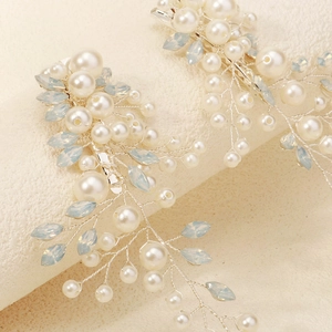 New Chinese style bridal hair clip with handmade pearls and blue crystals on silver wire