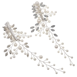 Handmade pearl and crystal vine bridal hair clips with silver duckbill attachment for weddings