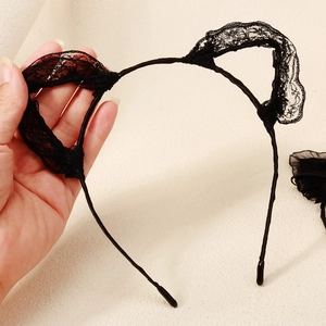 Handheld lace cat ear headband with black metal frame for cosplay and party hair styling