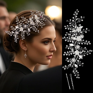 Silver Alloy Floral Artificial Pearl Crystal Bridal Hair Vine Handmade Wedding Headpiece Forest Style Hair Accessories For Women