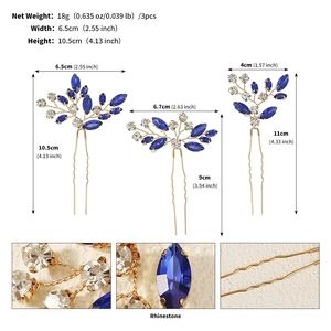 Detail showing gold wire bridal hair pins with blue rhinestones and leaf motif