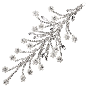 Silver bridal headband with leaf vine design featuring rhinestones and white pearls