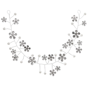 Sparkling bridal hair vine with silver rhinestones and white pearls for wedding dress decor