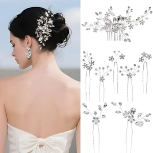 Handgefertigt Braut Haarkamm Und Haarnadel Set Strass Künstliche Perlenimitat Blume Blatt Design Hochzeit Party Schmuck Damen