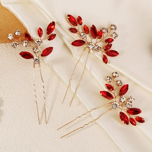 Three-piece red marquise rhinestone hair pins set with gold alloy leaf design