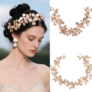 Fascia Sposa Fatta a Mano con Foglie d'Oro e Fiori con Künstliche Perle d'Imitazione Romantica Vite per Capelli Matrimonio per Donna
