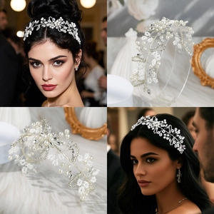 Détail du bandeau de mariée artisanal avec fil d'argent, perles blanches et éclats de cristal