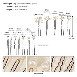Détails de 12 épingles à cheveux de mariée avec perles, dimensions et design ondulé