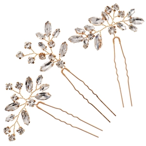 Three-piece gold bridal hair pin set with marquise rhinestones and floral branch wire design