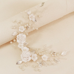 Handmade bridal headband with white clay flowers, silver leaves and elegant pearls