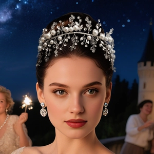 Vue détaillée du bandeau de mariée en perles et cristaux avec boucles d'oreilles assorties