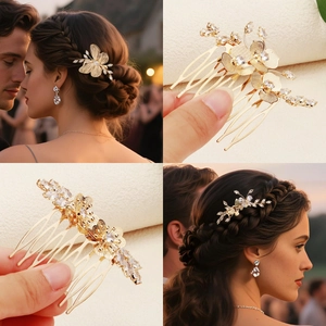 Macro detail of golden bridal hair comb featuring intricate floral metalwork and zircons
