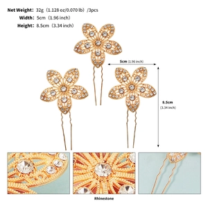 Détail des épingles à cheveux fleurs dorées avec strass et dimensions précises