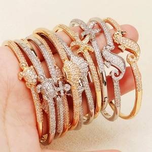 Ocean Series Copper Zircon Bangle For Women Gold Silver Plated Sea Star Shell Seahorse Elegant Fashion Cuff Jewelry