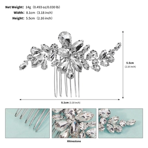 Macro detail of silver bridal hair comb with rhinestones and floral alloy pattern