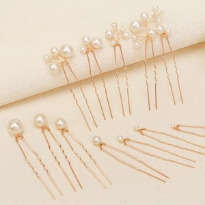 Lot de 10 épingles à cheveux de mariée dorées en forme de U avec perles blanches de tailles variés