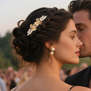 Detailed view of a gold floral wedding hair comb with crystals on an elegant updo