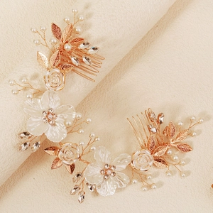 Handmade bridal hair comb set with white acrylic flowers, pearls and crystals