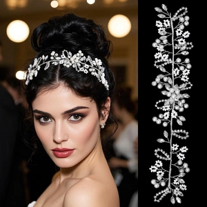 Vigne à Cheveux de Mariée Faite Main Künstliche Perle Cristal Floral Bandeau Argent Accessoires de Mariage Femme Bijoux de Fête